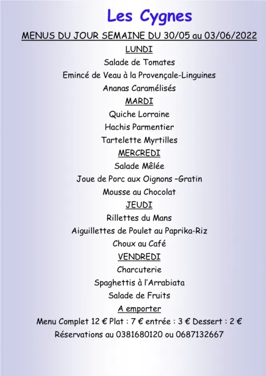 Menus à emporter Restaurant les Cygnes Villers-le-Lac, Villers-le-Lac, Hôtel-Restaurant Les Cygnes