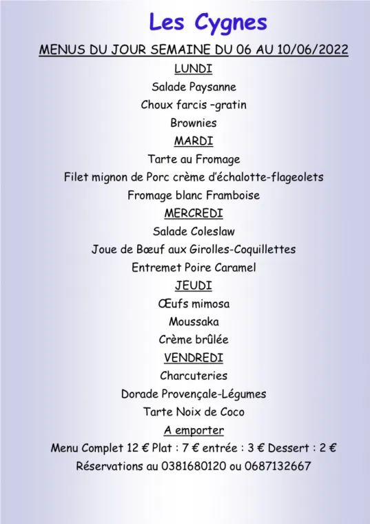 Menus à emporter Restaurant les Cygnes Villers-le-Lac, Villers-le-Lac, Hôtel-Restaurant Les Cygnes