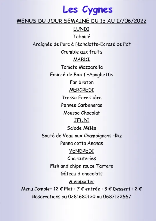 Menus à emporter Restaurant les Cygnes Villers-le-Lac, Villers-le-Lac, Hôtel-Restaurant Les Cygnes