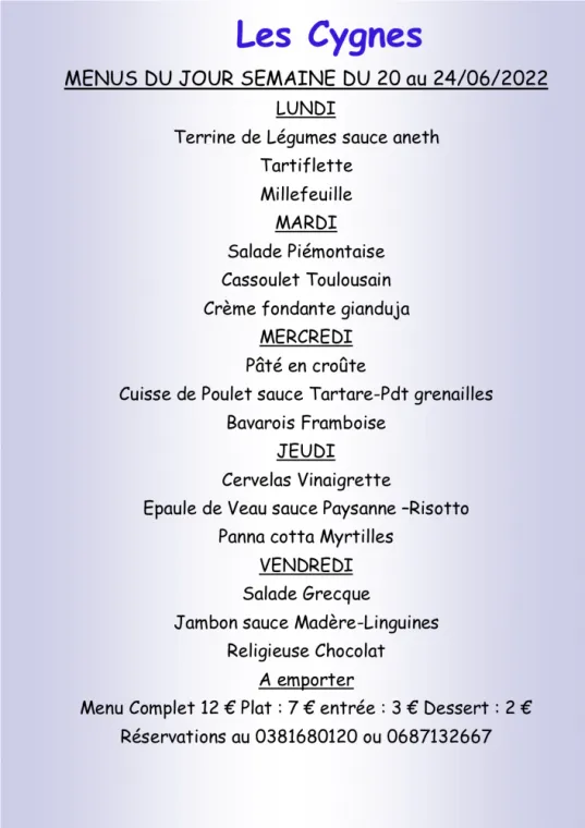 Menus à emporter Restaurant les Cygnes Villers-le-Lac, Villers-le-Lac, Hôtel-Restaurant Les Cygnes