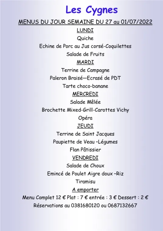 Menus à emporter Restaurant les Cygnes Villers-le-Lac, Villers-le-Lac, Hôtel-Restaurant Les Cygnes