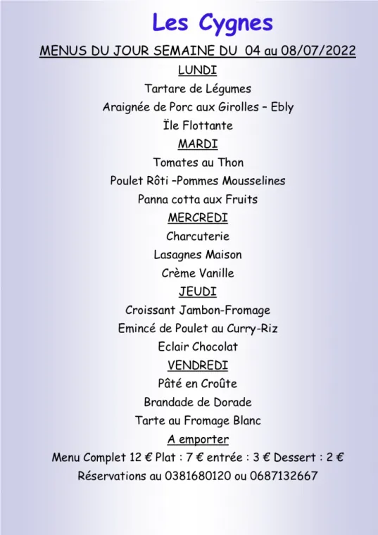 Menus à emporter Restaurant les Cygnes Villers-le-Lac, Villers-le-Lac, Hôtel-Restaurant Les Cygnes