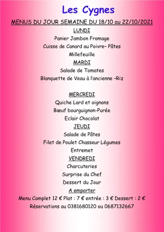 Menus à emporter Restaurant les Cygnes Villers-le-Lac, Villers-le-Lac, Hôtel-Restaurant Les Cygnes