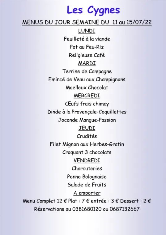 Menus à emporter Restaurant les Cygnes Villers-le-Lac, Villers-le-Lac, Hôtel-Restaurant Les Cygnes