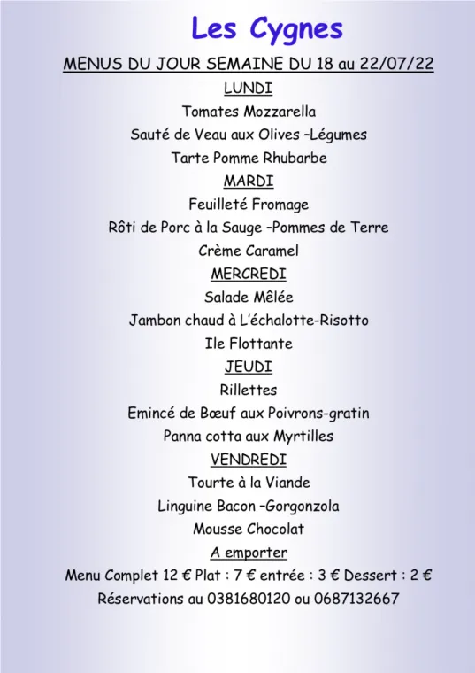 Menus à emporter Restaurant les Cygnes Villers-le-Lac, Villers-le-Lac, Hôtel-Restaurant Les Cygnes
