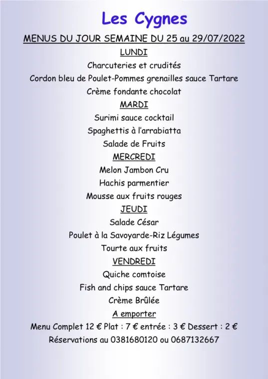 Menus à emporter Restaurant les Cygnes Villers-le-Lac, Villers-le-Lac, Hôtel-Restaurant Les Cygnes