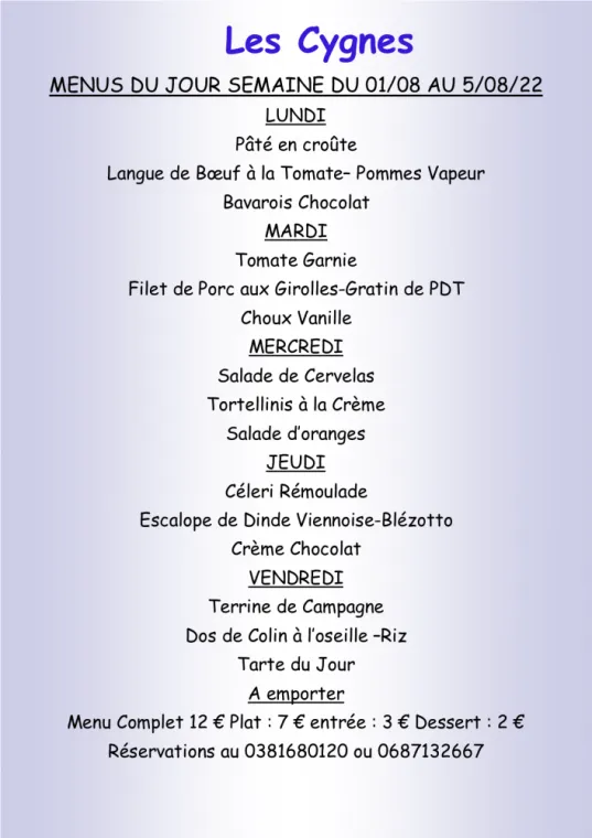 Menus à emporter Restaurant les Cygnes Villers-le-Lac, Villers-le-Lac, Hôtel-Restaurant Les Cygnes