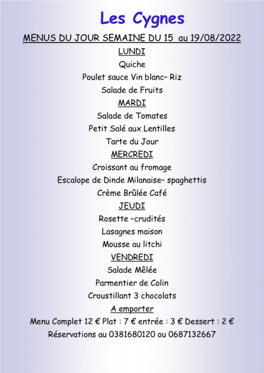 Menus à emporter Restaurant les Cygnes Villers-le-Lac, Villers-le-Lac, Hôtel-Restaurant Les Cygnes