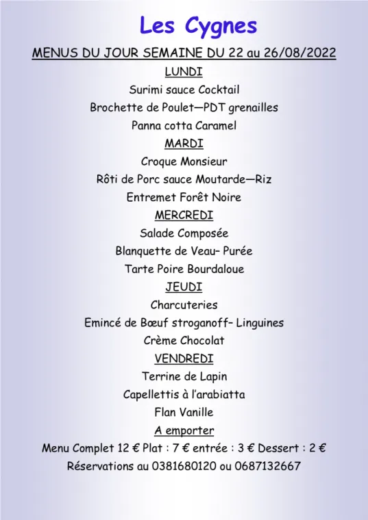 Menus à emporter Restaurant les Cygnes Villers-le-Lac, Villers-le-Lac, Hôtel-Restaurant Les Cygnes