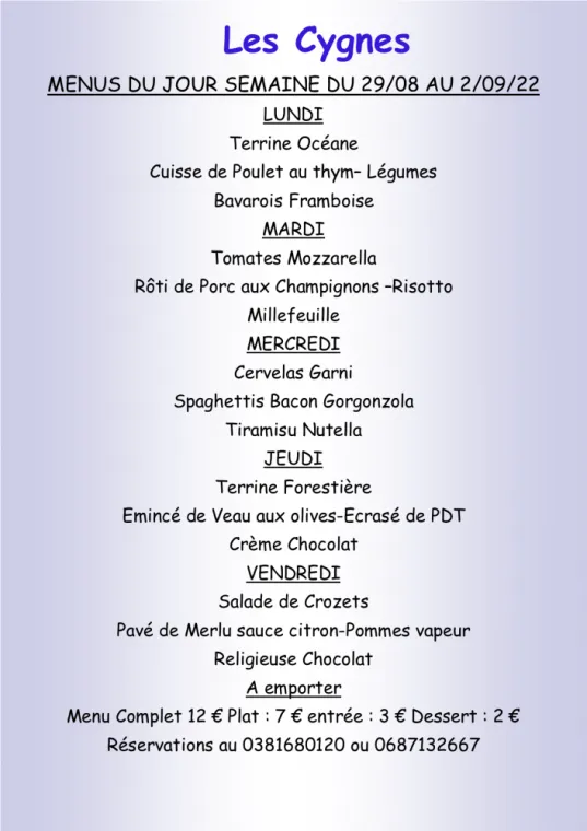 Clone of Menus à emporter Restaurant les Cygnes Villers-le-Lac, Villers-le-Lac, Hôtel-Restaurant Les Cygnes
