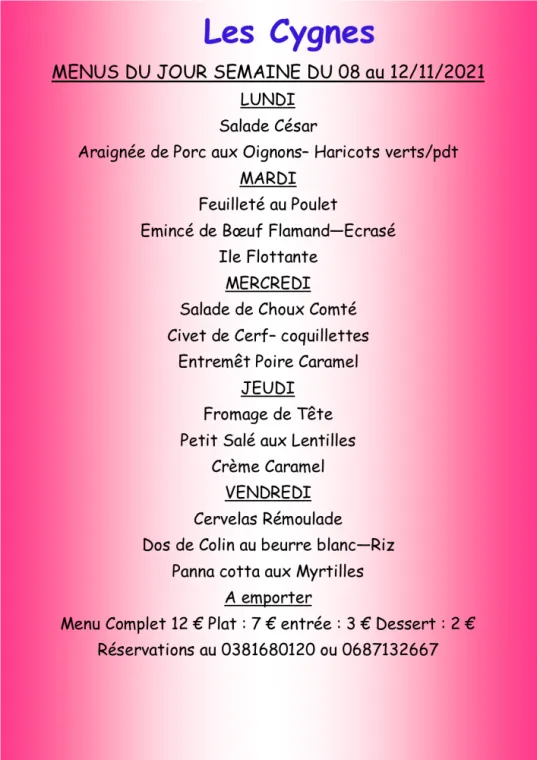 Menus à emporter Restaurant les Cygnes Villers-le-Lac, Villers-le-Lac, Hôtel-Restaurant Les Cygnes