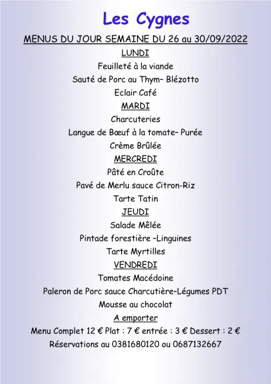 Menus à emporter Restaurant les Cygnes Villers-le-Lac, Villers-le-Lac, Hôtel-Restaurant Les Cygnes