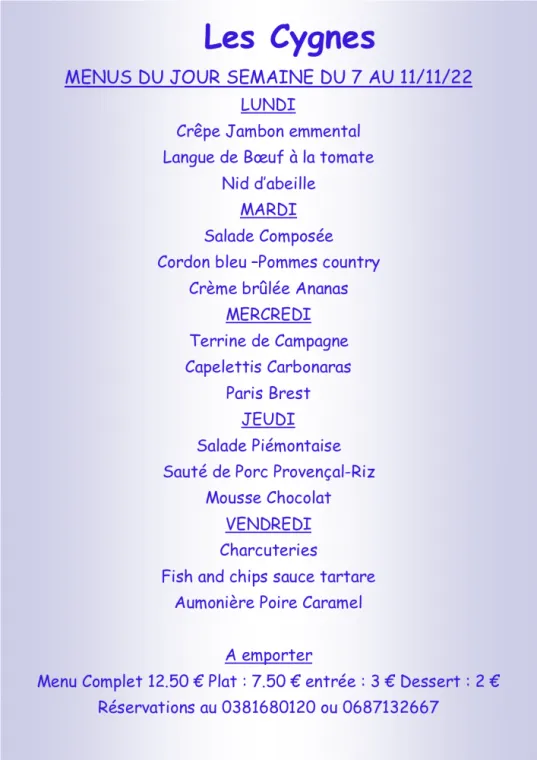 Menus à emporter Restaurant les Cygnes Villers-le-Lac, Villers-le-Lac, Hôtel-Restaurant Les Cygnes