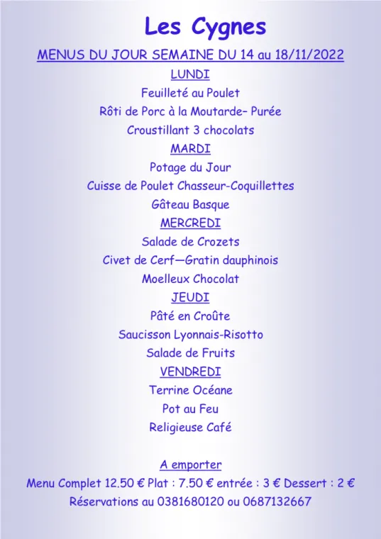Menus à emporter Restaurant les Cygnes Villers-le-Lac, Villers-le-Lac, Hôtel-Restaurant Les Cygnes