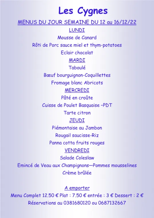 Menus à emporter Restaurant les Cygnes Villers-le-Lac, Villers-le-Lac, Hôtel-Restaurant Les Cygnes