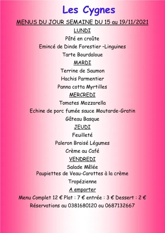 Menus à emporter Restaurant les Cygnes Villers-le-Lac, Villers-le-Lac, Hôtel-Restaurant Les Cygnes