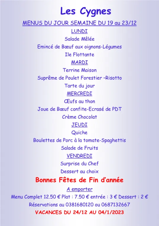 Menus à emporter Restaurant les Cygnes Villers-le-Lac, Villers-le-Lac, Hôtel-Restaurant Les Cygnes