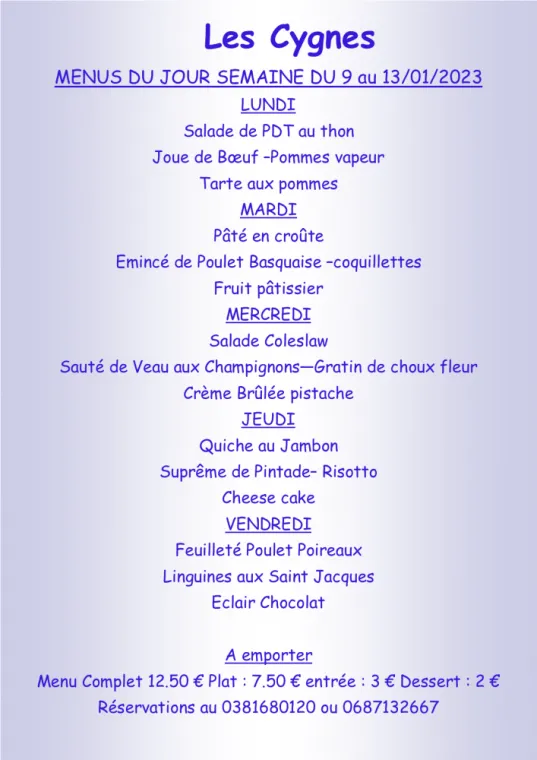 Menus à emporter Restaurant les Cygnes Villers-le-Lac, Villers-le-Lac, Hôtel-Restaurant Les Cygnes