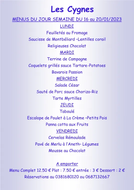 Menus à emporter Restaurant les Cygnes Villers-le-Lac, Villers-le-Lac, Hôtel-Restaurant Les Cygnes