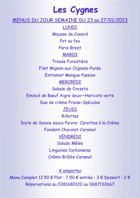 Menus à emporter Restaurant les Cygnes Villers-le-Lac, Villers-le-Lac, Hôtel-Restaurant Les Cygnes