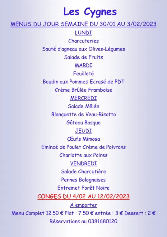 Menus à emporter Restaurant les Cygnes Villers-le-Lac, Villers-le-Lac, Hôtel-Restaurant Les Cygnes