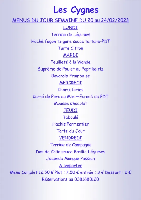 Menus à emporter Restaurant les Cygnes Villers-le-Lac, Villers-le-Lac, Hôtel-Restaurant Les Cygnes