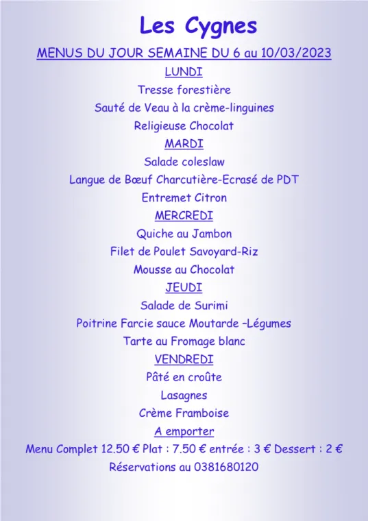 Menus à emporter Restaurant les Cygnes Villers-le-Lac, Villers-le-Lac, Hôtel-Restaurant Les Cygnes