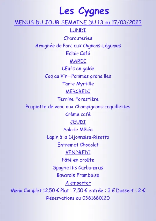Menus à emporter Restaurant les Cygnes Villers-le-Lac, Villers-le-Lac, Hôtel-Restaurant Les Cygnes