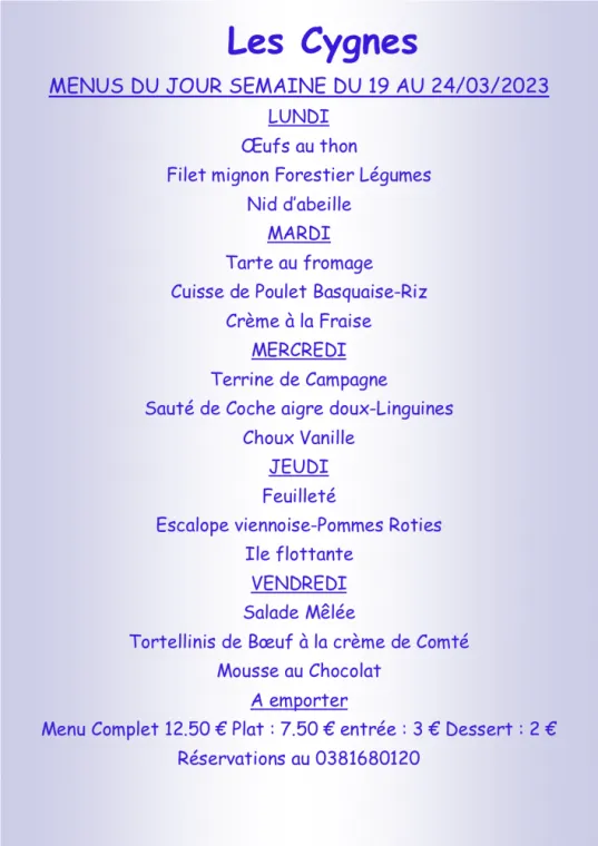 Menus à emporter Restaurant les Cygnes Villers-le-Lac, Villers-le-Lac, Hôtel-Restaurant Les Cygnes