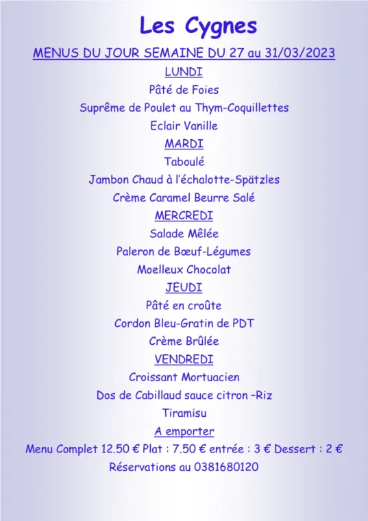 Menus à emporter Restaurant les Cygnes Villers-le-Lac, Villers-le-Lac, Hôtel-Restaurant Les Cygnes