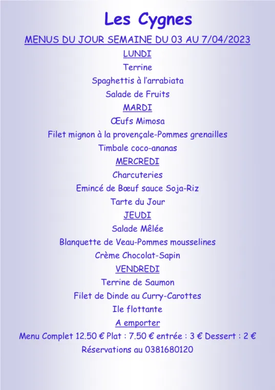Menus à emporter Restaurant les Cygnes Villers-le-Lac, Villers-le-Lac, Hôtel-Restaurant Les Cygnes