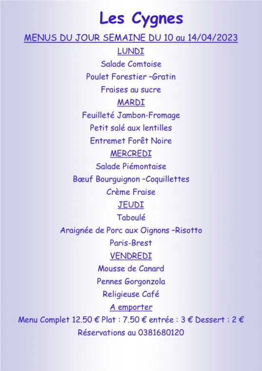 Menus à emporter Restaurant les Cygnes Villers-le-Lac, Villers-le-Lac, Hôtel-Restaurant Les Cygnes