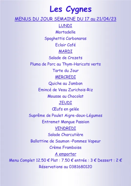 Menus à emporter Restaurant les Cygnes Villers-le-Lac, Villers-le-Lac, Hôtel-Restaurant Les Cygnes