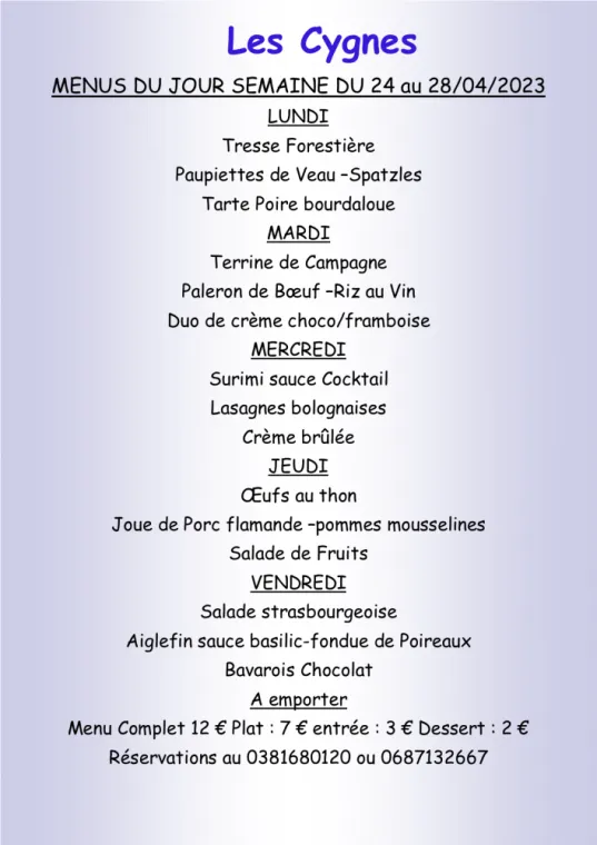 Menus à emporter Restaurant les Cygnes Villers-le-Lac, Villers-le-Lac, Hôtel-Restaurant Les Cygnes