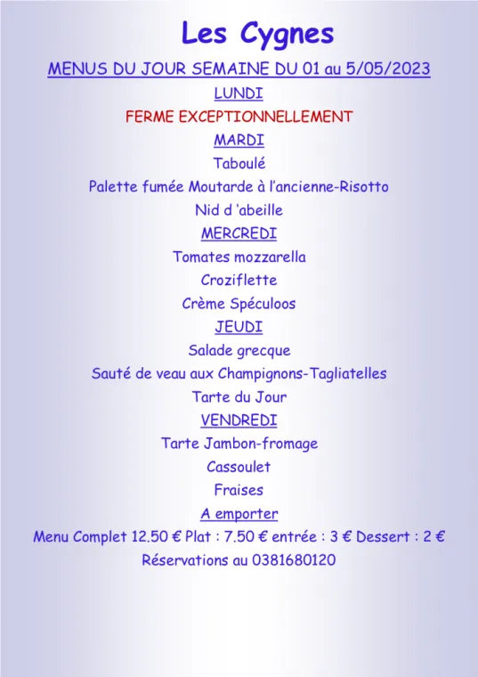 Menus à emporter Restaurant les Cygnes Villers-le-Lac, Villers-le-Lac, Hôtel-Restaurant Les Cygnes