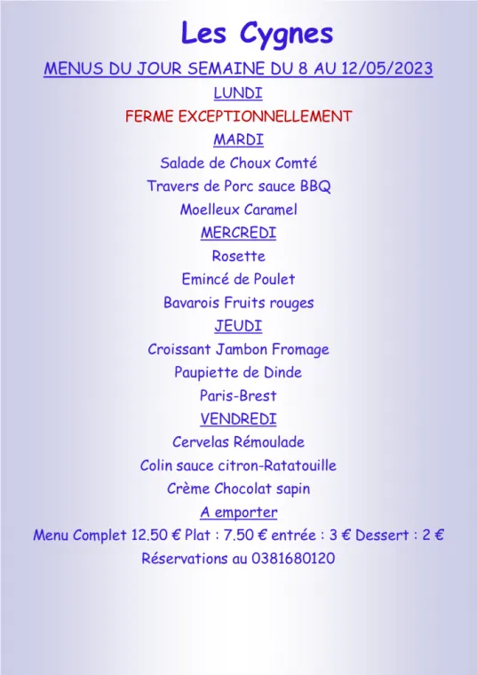 Menus à emporter Restaurant les Cygnes Villers-le-Lac, Villers-le-Lac, Hôtel-Restaurant Les Cygnes