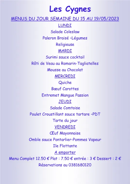 Menus à emporter Restaurant les Cygnes Villers-le-Lac, Villers-le-Lac, Hôtel-Restaurant Les Cygnes