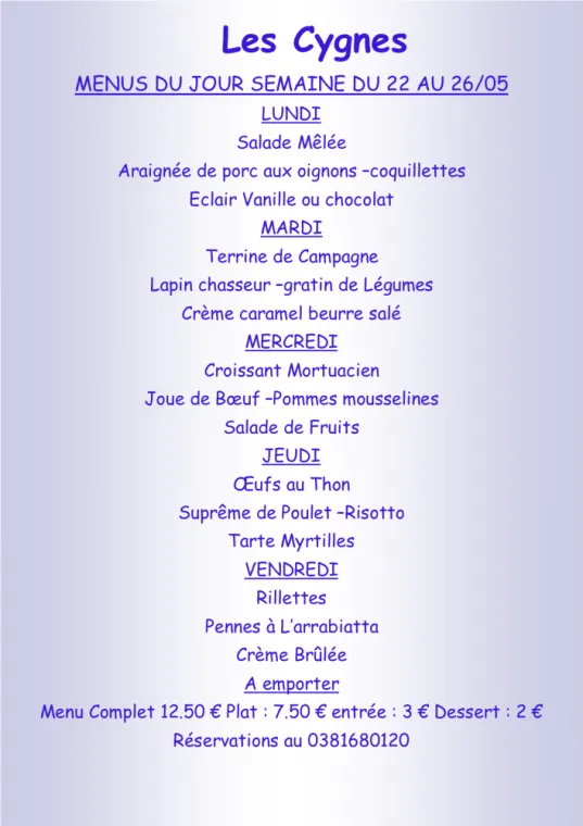 Menus à emporter Restaurant les Cygnes Villers-le-Lac, Villers-le-Lac, Hôtel-Restaurant Les Cygnes