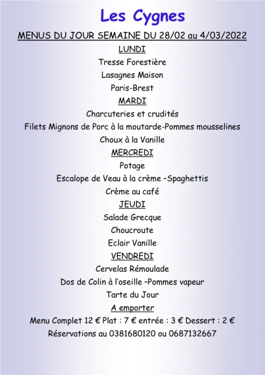 Menus à emporter Restaurant les Cygnes Villers-le-Lac, Villers-le-Lac, Hôtel-Restaurant Les Cygnes