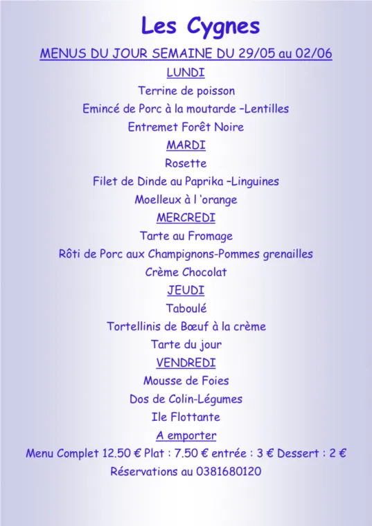 Menus à emporter Restaurant les Cygnes Villers-le-Lac, Villers-le-Lac, Hôtel-Restaurant Les Cygnes