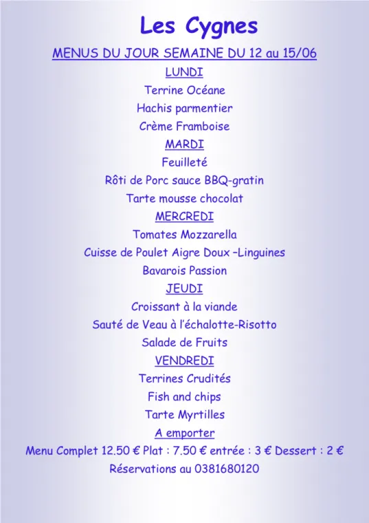 Menus à emporter Restaurant les Cygnes Villers-le-Lac, Villers-le-Lac, Hôtel-Restaurant Les Cygnes
