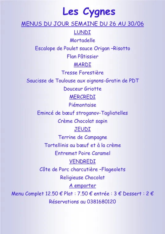 Menus à emporter Restaurant les Cygnes Villers-le-Lac, Villers-le-Lac, Hôtel-Restaurant Les Cygnes