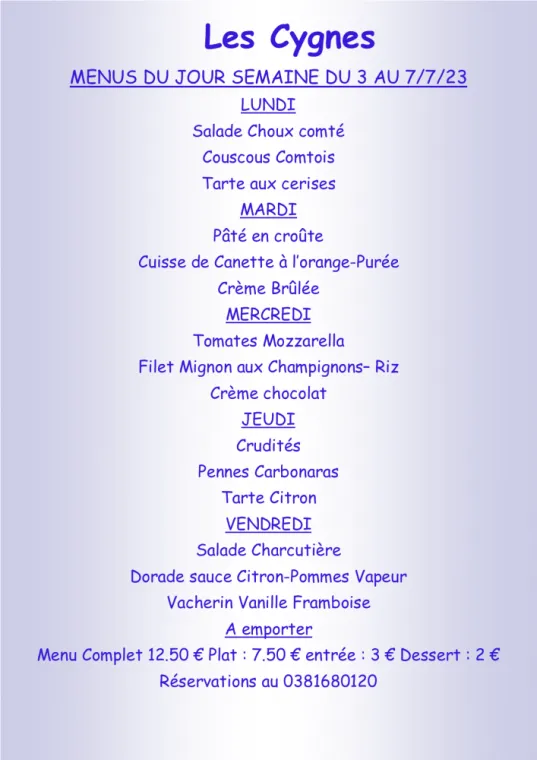 Menus à emporter Restaurant les Cygnes Villers-le-Lac, Villers-le-Lac, Hôtel-Restaurant Les Cygnes