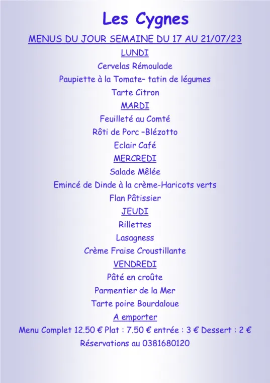 Menus à emporter Restaurant les Cygnes Villers-le-Lac, Villers-le-Lac, Hôtel-Restaurant Les Cygnes