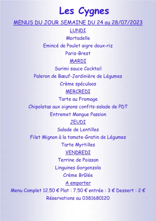 Menus à emporter Restaurant les Cygnes Villers-le-Lac, Villers-le-Lac, Hôtel-Restaurant Les Cygnes