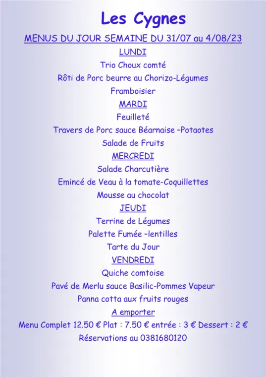 Menus à emporter Restaurant les Cygnes Villers-le-Lac, Villers-le-Lac, Hôtel-Restaurant Les Cygnes