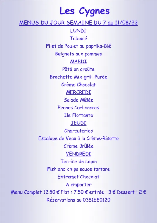 Menus à emporter Restaurant les Cygnes Villers-le-Lac, Villers-le-Lac, Hôtel-Restaurant Les Cygnes