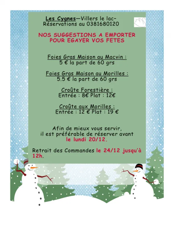 Menus de Noël à livrer ou à emporter à L'hôtel des Cygnes à Villers-le-Lac, Villers-le-Lac, Hôtel-Restaurant Les Cygnes
