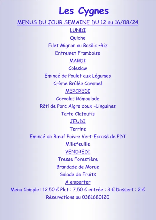 Menus à emporter restaurant villers le lac , Villers-le-Lac, Hôtel-Restaurant Les Cygnes