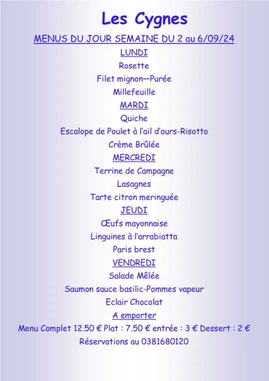 Menus à emporter restaurant villers le lac , Villers-le-Lac, Hôtel-Restaurant Les Cygnes